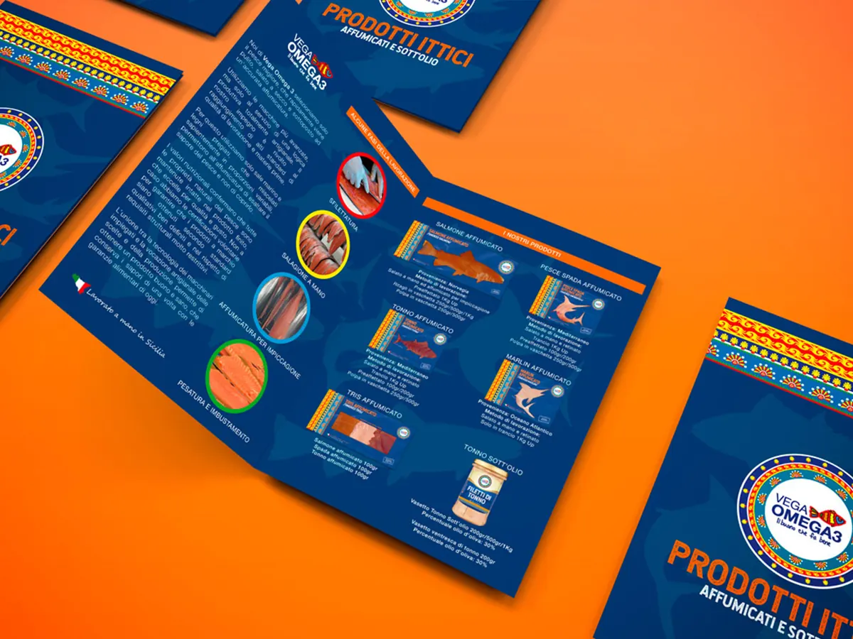 Brochure pubblicitaria per un'azienda di prodotti ittici